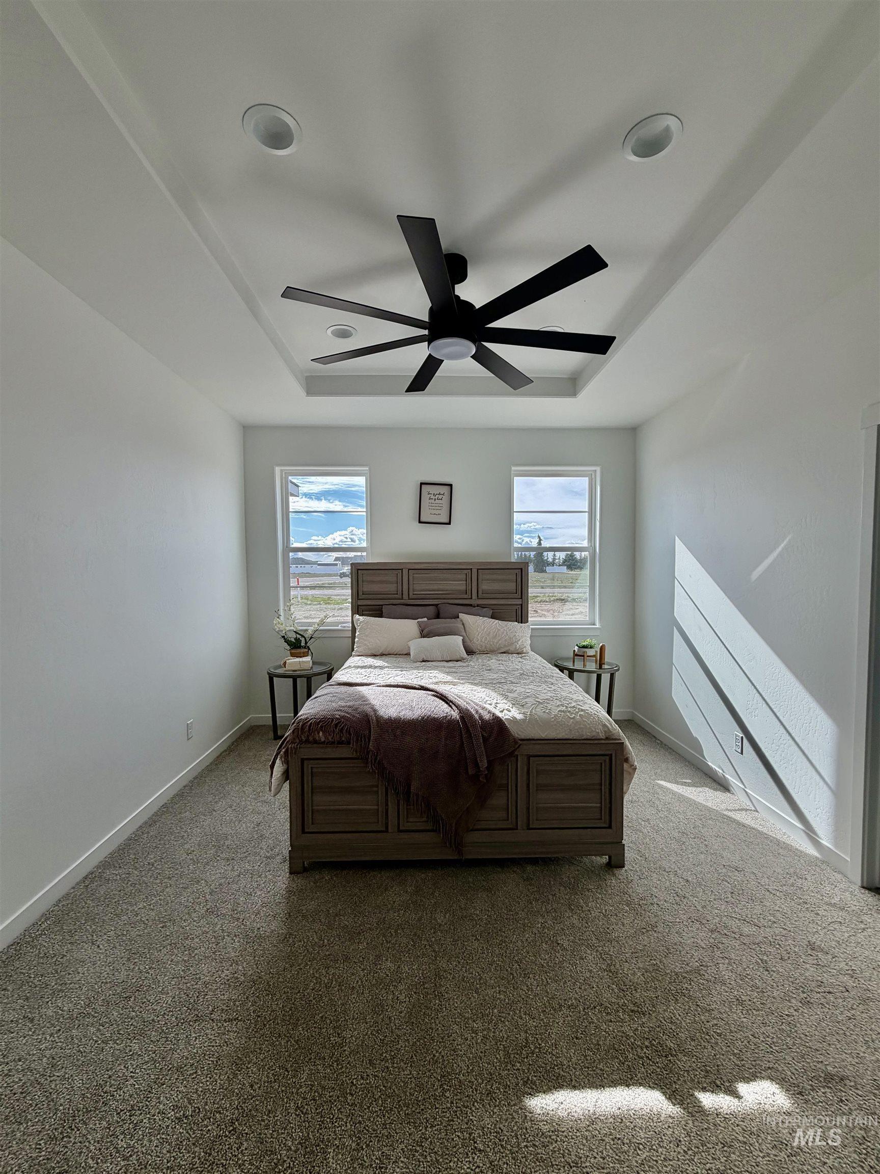 1419 Topaz Rupert, ID 83350 - Photo 19 of 41 Bedroom featuring multiple windows, carpet, a ceiling fan, and a raised ceiling