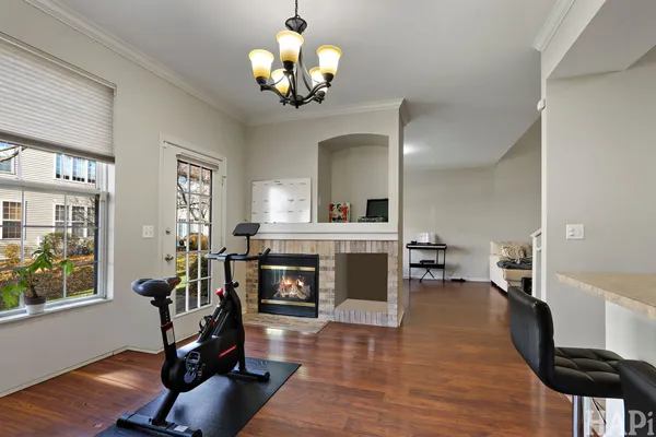 a view of a dining room with furniture a fireplace and wooden floor