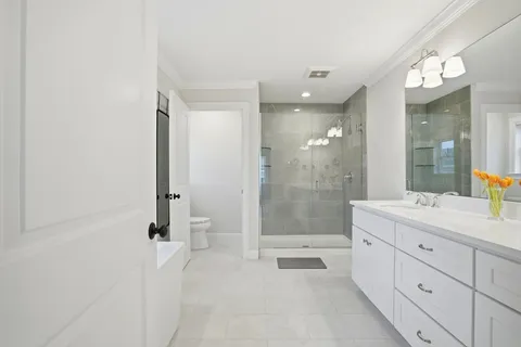 a bathroom with a double vanity sink toilet and shower