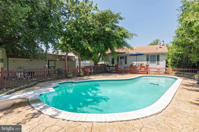 a view of a swimming pool with a patio