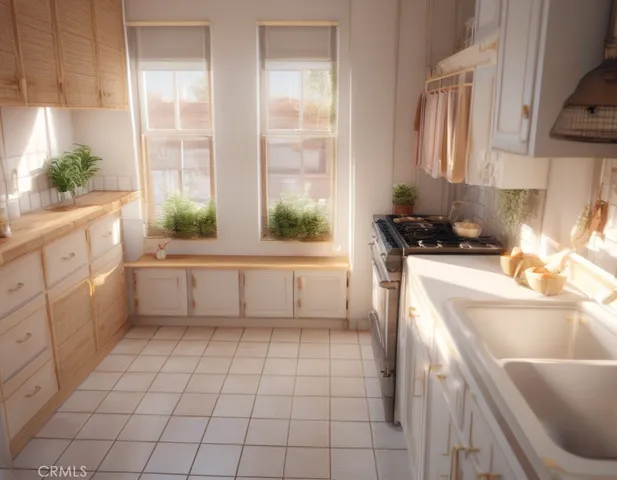 a kitchen with a sink a stove cabinets and a window
