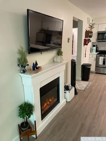 a living room with furniture a flat screen tv and a fireplace