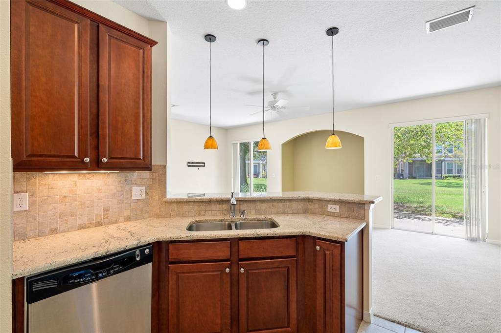 7001 Interbay Boulevard, Unit 303 Tampa, FL 33616 - Photo 13 of 37 a kitchen with stainless steel appliances granite countertop a sink a stove and a wooden floors