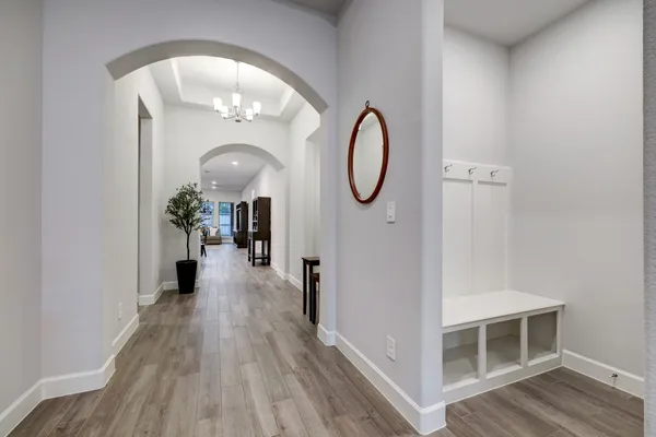 a view of a livingroom from a hallway
