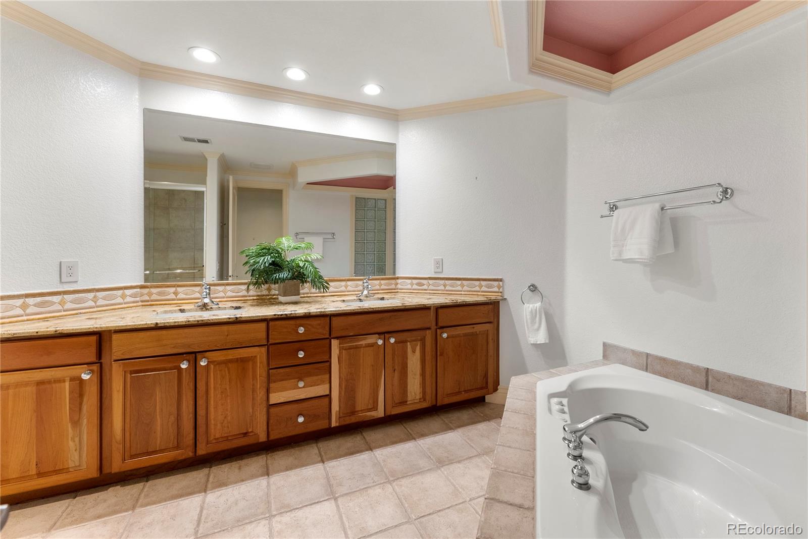 14046 Lexington Circle Westminster, CO 80023 - Photo 34 of 40 a spacious bathroom with a granite countertop tub sink and mirror