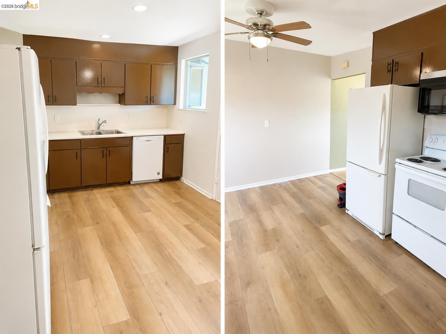 269 Crescent Drive Rio Vista, CA 94571 - Photo 4 of 9 Kitchen space featuring wood-finish flooring, white appliances, and brown cabinetry