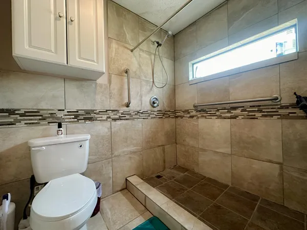 a bathroom with a toilet a sink and a shower