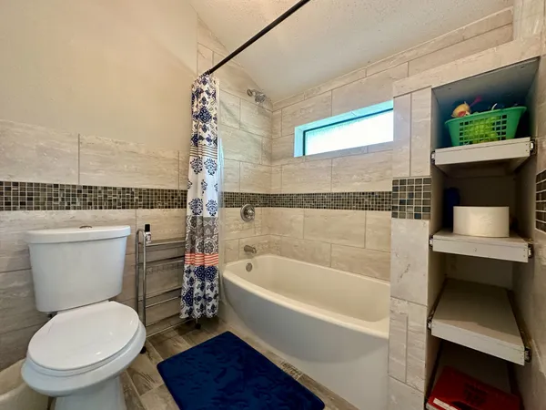 a bathroom with a toilet and a bathtub