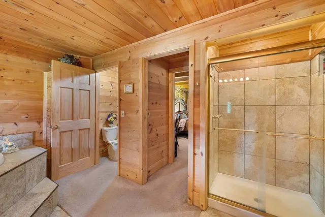 a bathroom with a shower and a sink