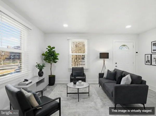 a living room with furniture and a potted plant