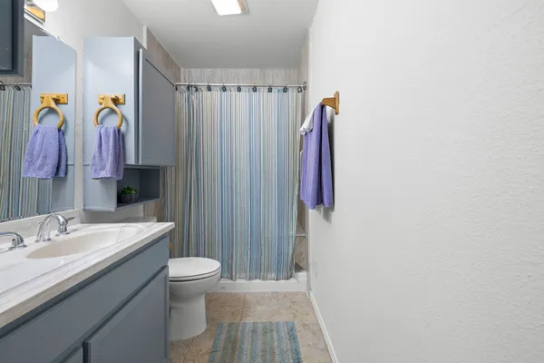 a bathroom with a sink a toilet and shower curtain