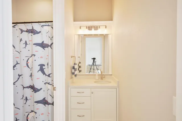 a bathroom with a shower curtain and a shower