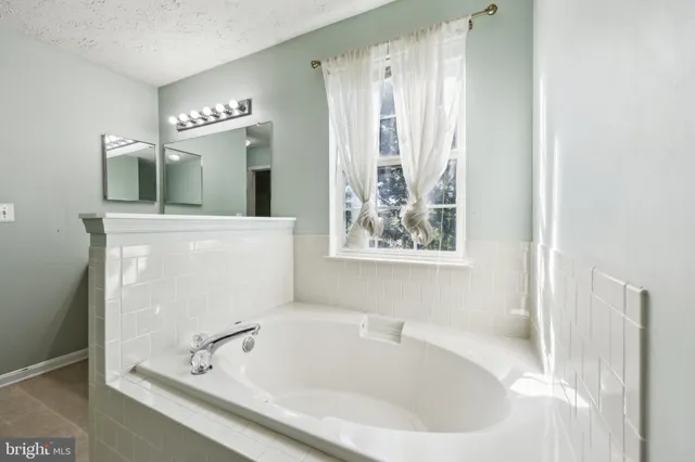 a bathroom with a tub a sink and mirror