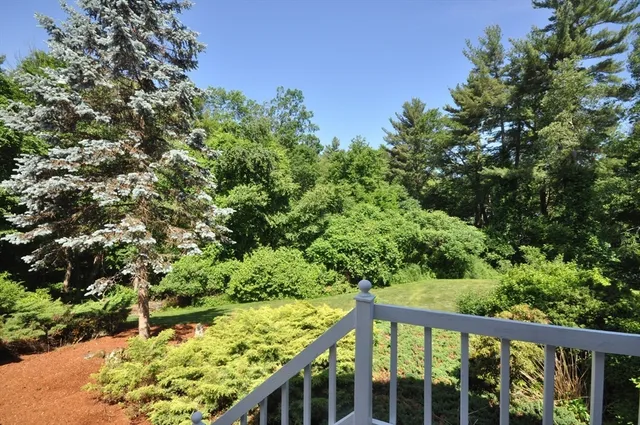 a balcony with trees in the background