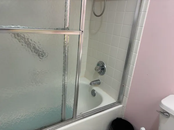 a bathroom with a shower and toilet