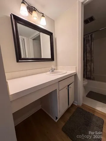 a bathroom with a sink a vanity and a mirror
