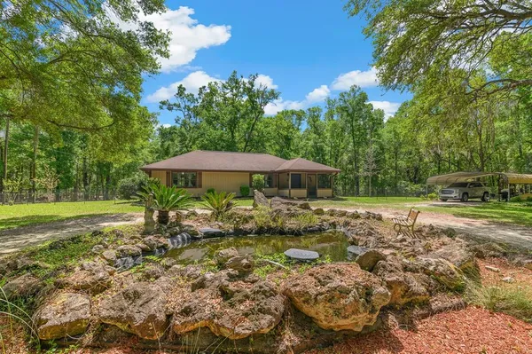 a view of a garden with a bench under an umbrella