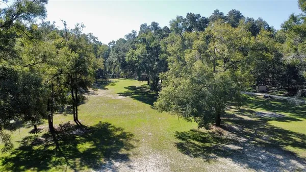 a view of a lake with large trees