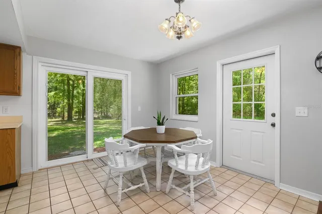 a view of a dining room with furniture window and outside view