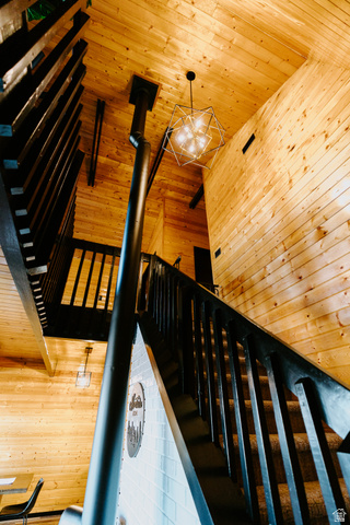 1413 Basel Drive Midway, UT 84049 - Photo 47 of 137 Stairs with wood walls, wood ceiling, and a wood stove