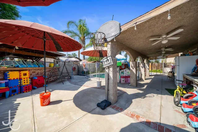 a view of a chairs and tables in patio
