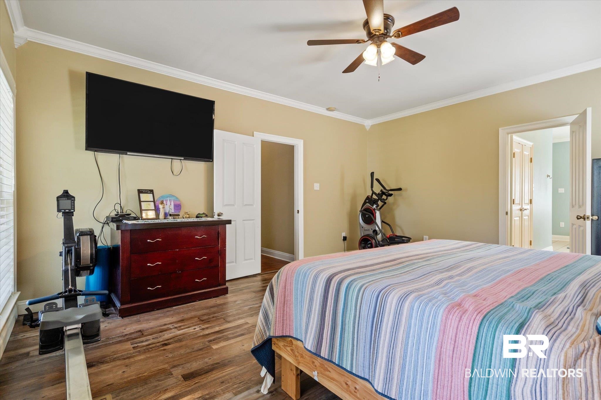 72 Limestone Drive Jackson, AL 36545 - Photo 19 of 38 Bedroom featuring ornamental molding, hardwood / wood-style flooring, and ceiling fan