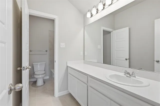 a bathroom with a sink a toilet and a large mirror