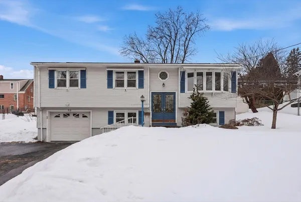 a view of a white house with a large tree