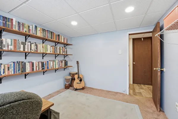 a living room with lots of furniture and a book shelf