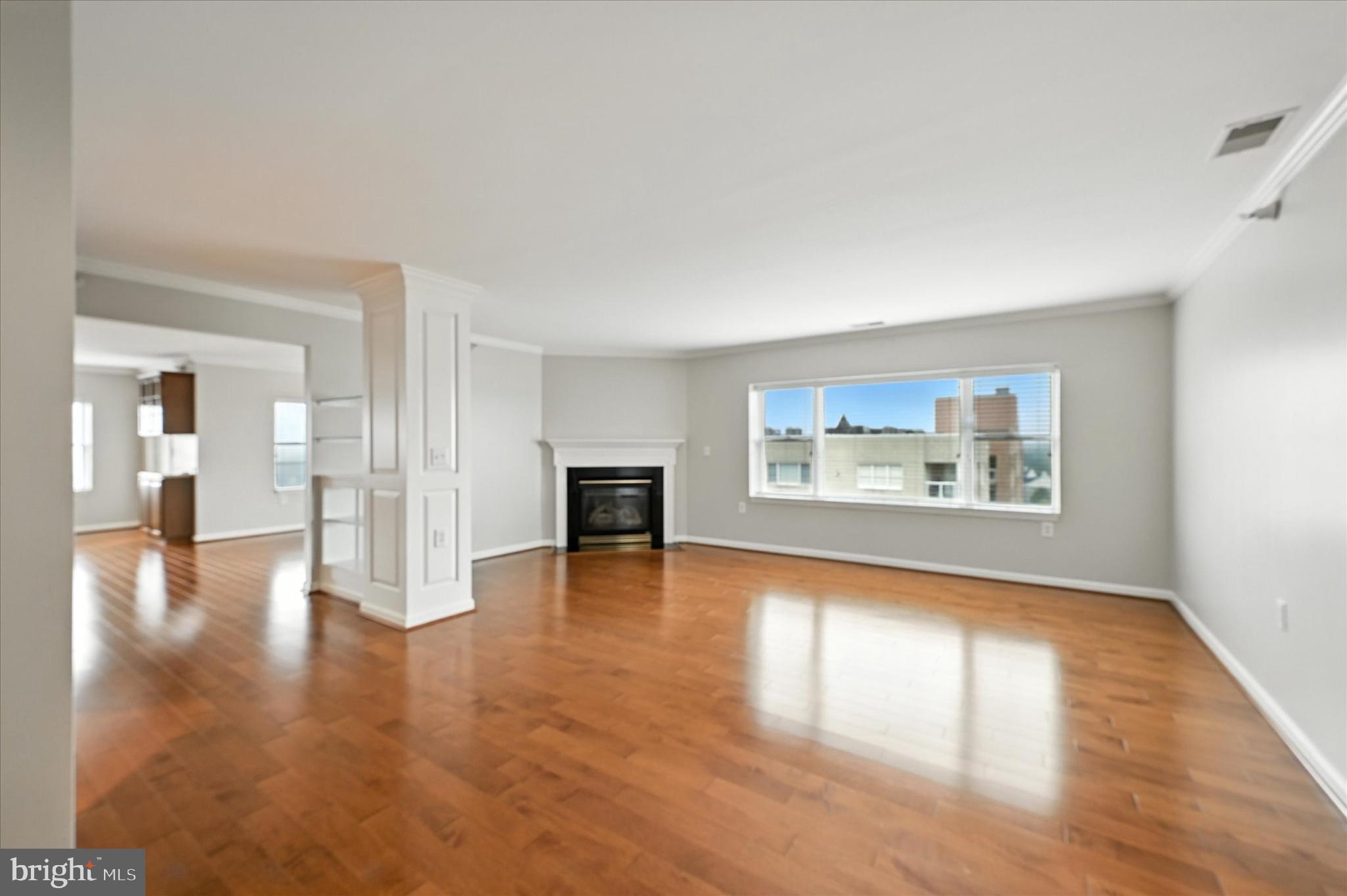 12240 Roundwood Road, Unit 808 Lutherville-Timonium, MD 21093 - Photo 5 of 31 a view of an empty room with wooden floor and a fireplace
