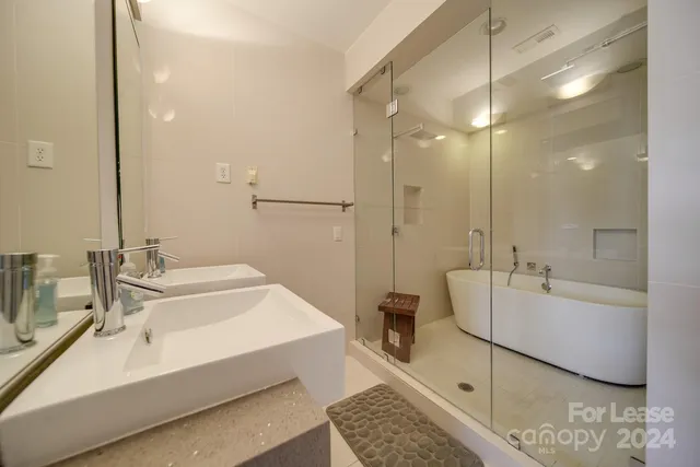 a bathroom with a double vanity sink a mirror and a bathtub