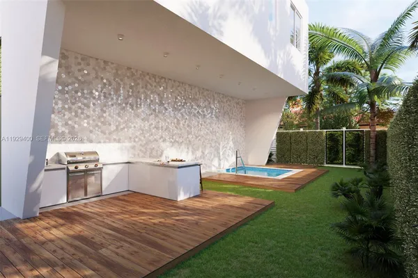 a view of a backyard with swimming pool