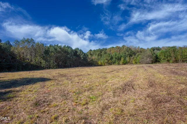 a view of a field with a building in the background