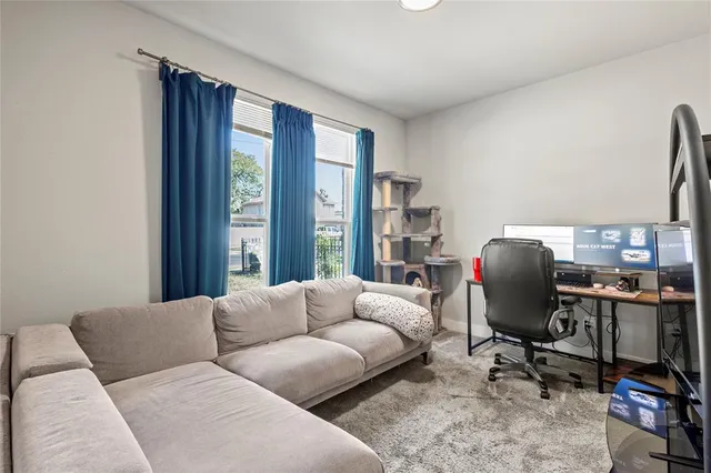 a living room with furniture a rug and a window