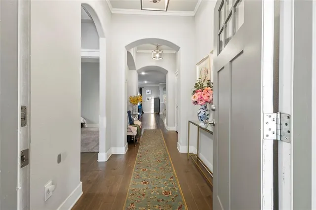 a hallway with painting and a potted plant