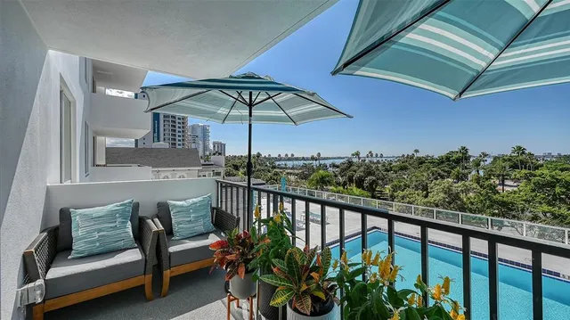 a view of a chairs and table in patio