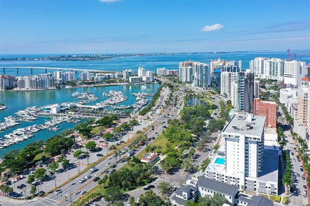 a view of a lake with a city