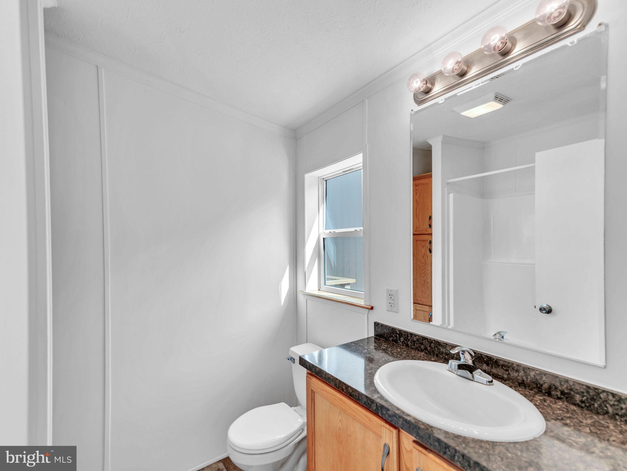 9811 Peerless Road Bishopville, MD 21813 - Photo 26 of 66 a bathroom with a granite countertop sink a toilet and a mirror