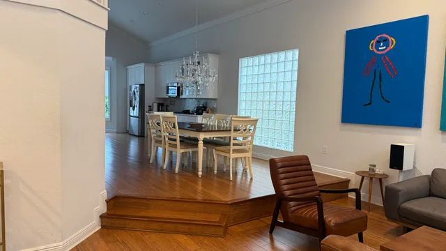 a view of a dining room with furniture