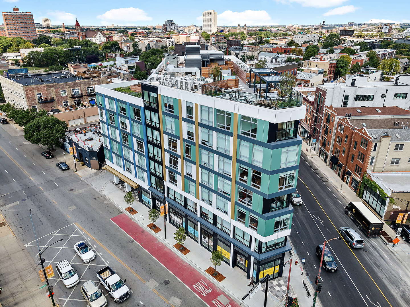 a city view with tall buildings