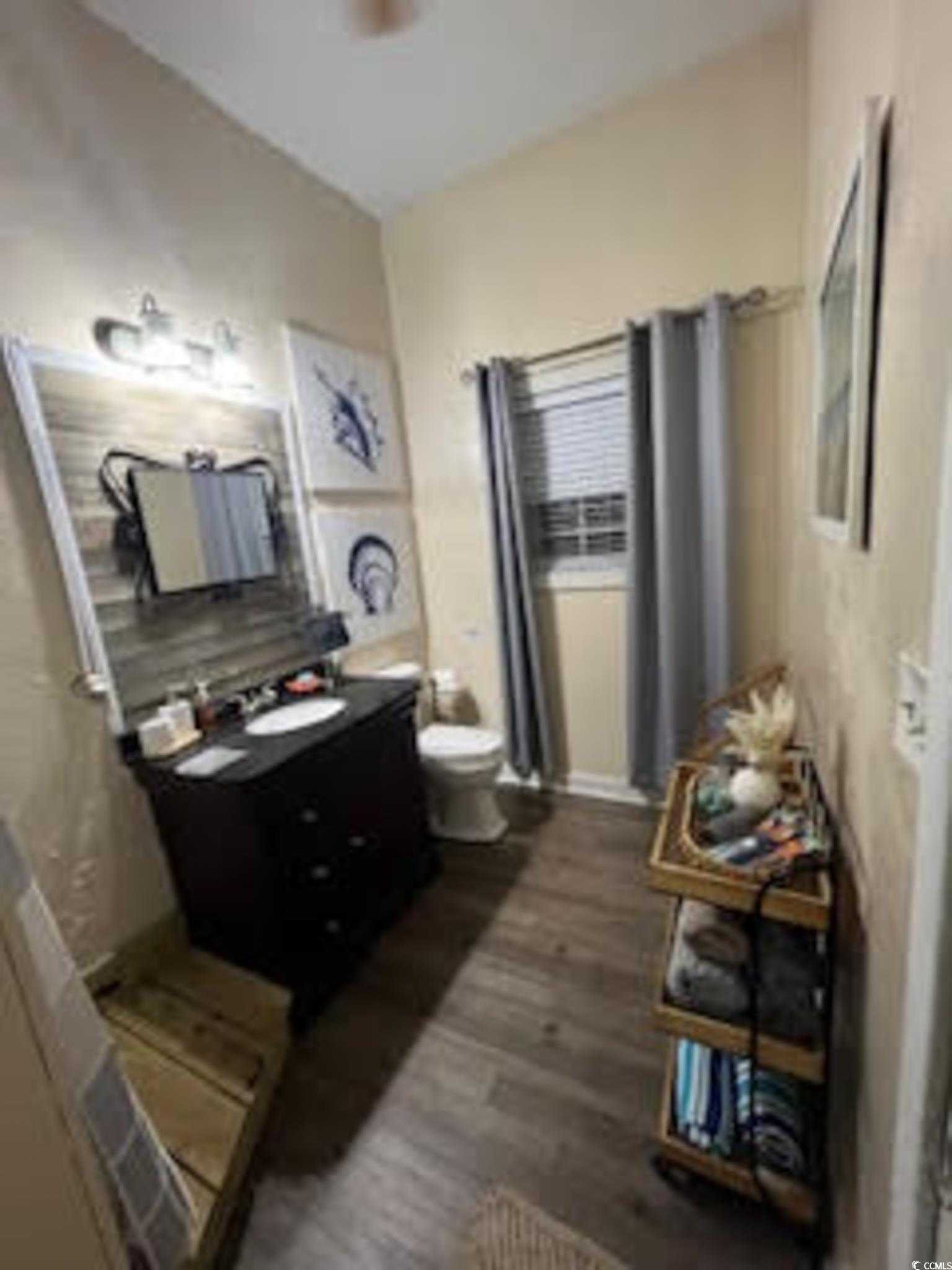 5588 Daybreak Road, Unit GUEST HOUSE Murrells Inlet, SC 29576 - Photo 14 of 18 Bathroom featuring vanity, dark wood-style flooring, and a shower stall