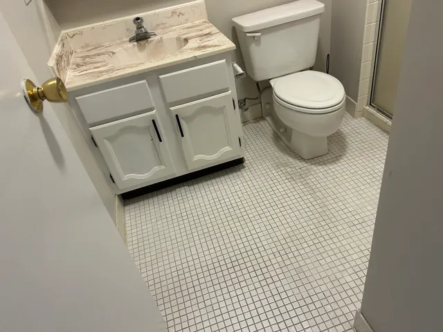 a bathroom with a toilet and a shower