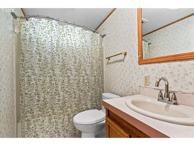 a bathroom with a sink a toilet and shower curtain