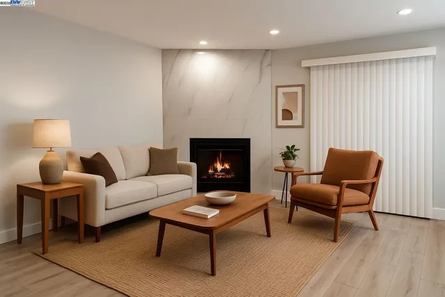 a living room with furniture and a fireplace