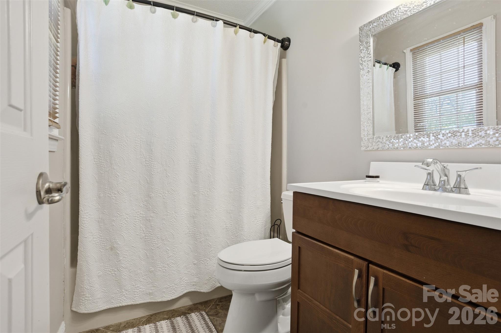 3918 Plum Street Conover, NC 28613 - Photo 12 of 31 a bathroom with a sink a toilet a mirror and shower curtain