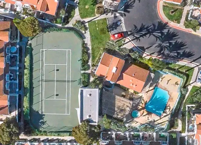 an aerial view of a house with a yard and potted plants