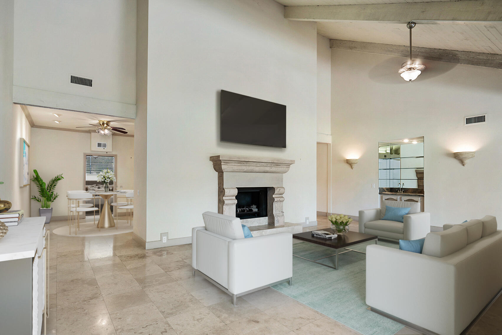137 Desert W Drive Rancho Mirage, CA 92270 - Photo 10 of 56 a living room with furniture a fireplace and a flat screen tv
