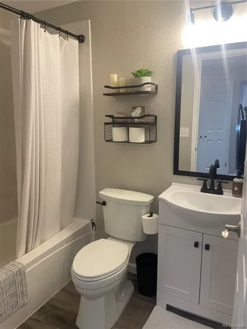 a bathroom with a sink a toilet and shower curtain