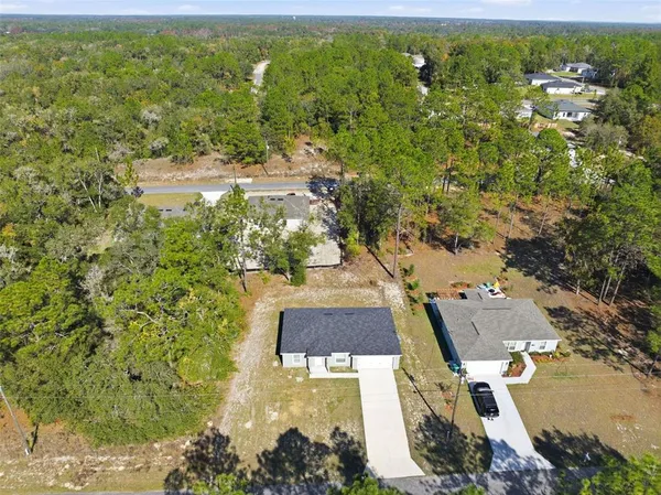 an aerial view of residential houses with outdoor space and trees