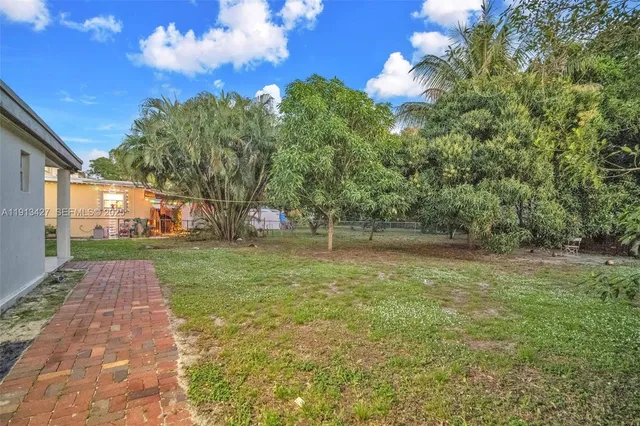 a view of a yard with plants and a trees
